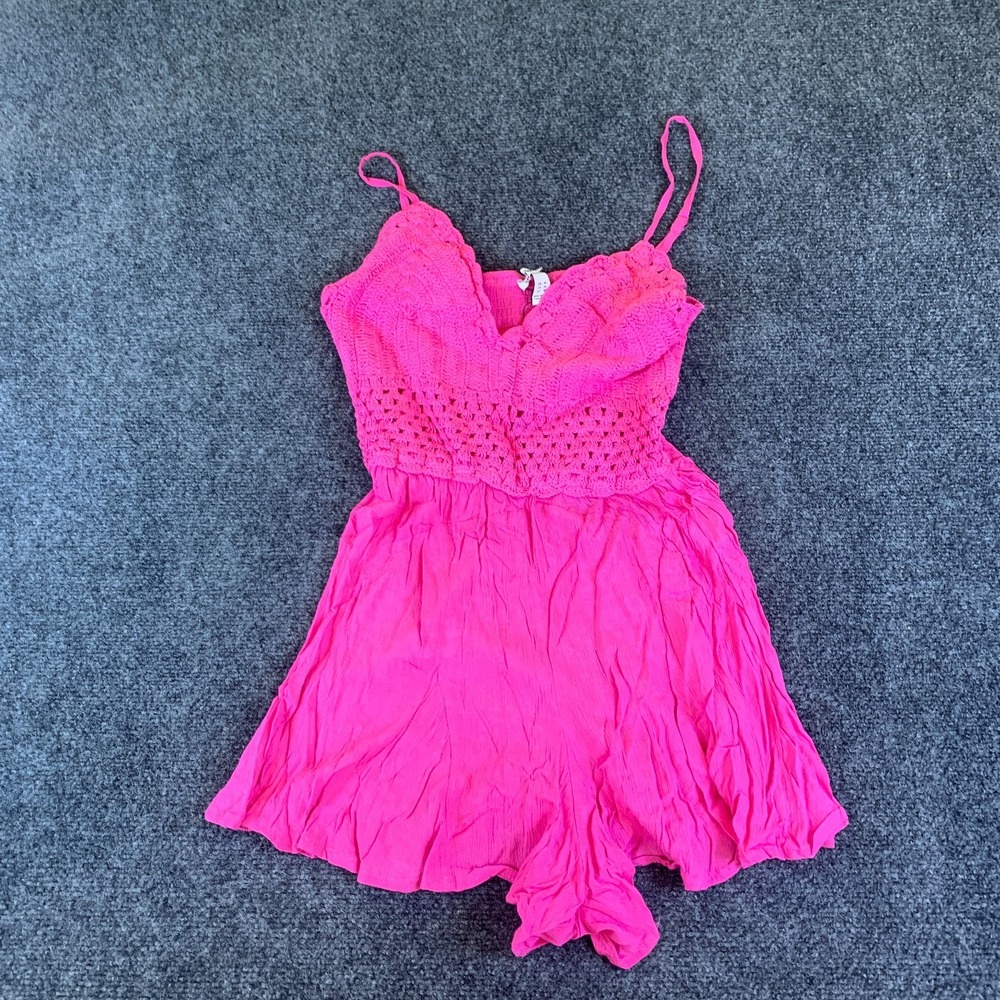 Charlotte Russe Romper Womens Medium Bright Pink Crochet V-Neck Spaghetti Strap